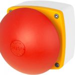 czerwonym przycisk grzybkowy 84x84 ø 90 duży, zwolnienie przez pociągnięcie, żółta obudowa New Elfin
