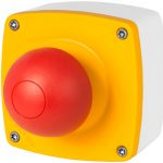 czerwony przycisk grzybkowy 84x84 ø 50, powrotny, żółta obudowa New Elfin